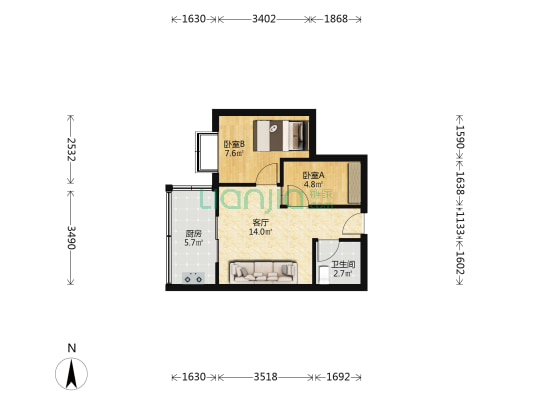 我爱莲花 2室1厅1卫 36平方