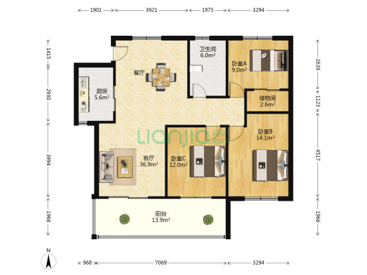 东豪名都 3室1厅1卫 130平方