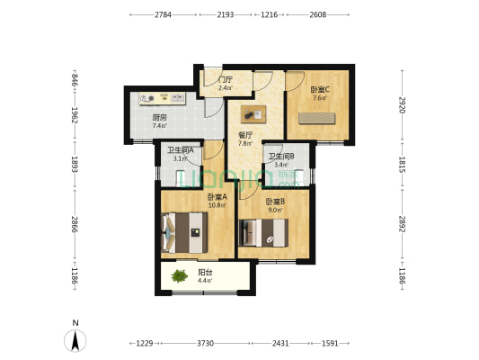 勾庄水景苑 3室1厅2卫 84平方