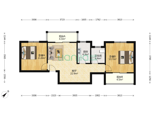 东兴天地D区 2室1厅1卫 88平方