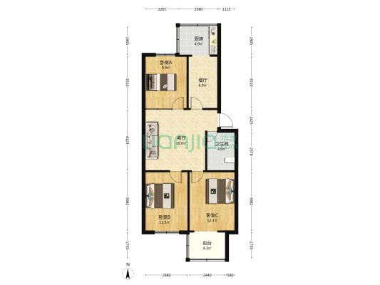 百花小区 3室2厅1卫 90平方