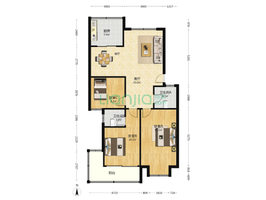 兴虹苑 3室1厅2卫 116平方