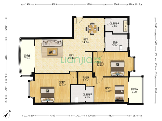 汉口滨江公馆 3室2厅2卫 148平方