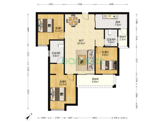 万城名座花园 3室1厅2卫 109平方