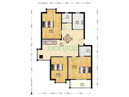 鑫隆花园三期 3室1厅2卫 111平方