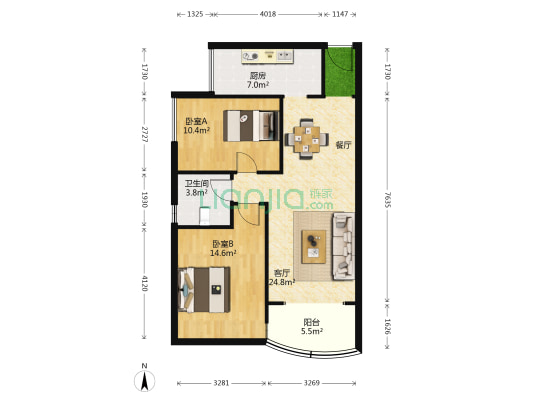 江山帝景哈佛 2室1厅1卫 87平方