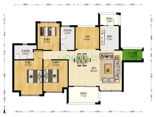 方直君御 4室1厅2卫 135平方
