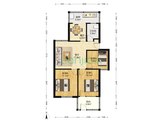 高青县药材公司住宅楼 3室2厅1卫 90平方