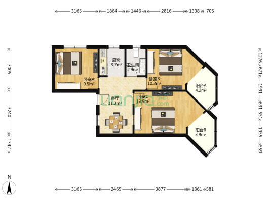 中桥大楼 3室1厅1卫 84平方