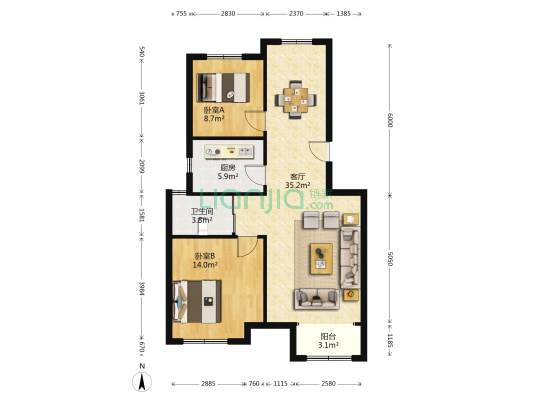 林语花园 2室1厅1卫 95平方