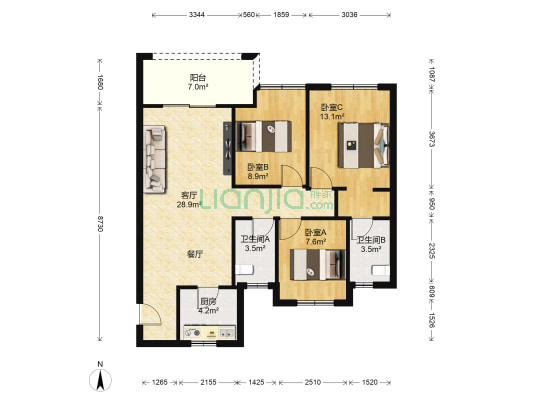 珑湾花苑一期 3室1厅2卫 102平方