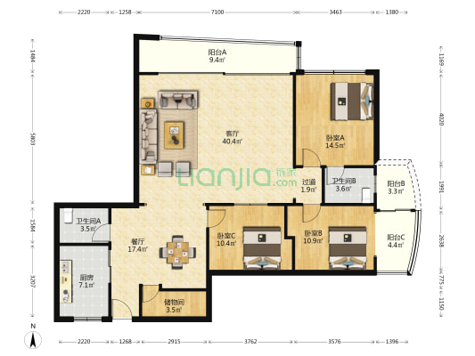 袁家屯 3室2厅2卫 147平方