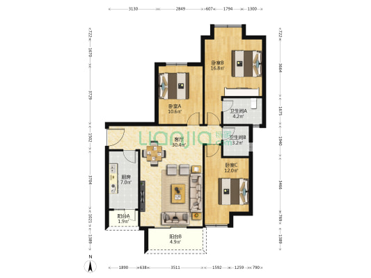 金玉小区 3室1厅2卫 113平方