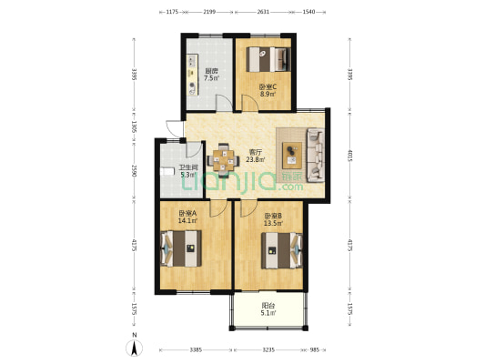淮安市城市建设设计院宿舍区 3室1厅1卫 91平方