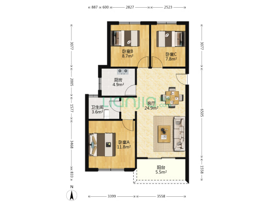 悦众家园 3室1厅1卫 94平方