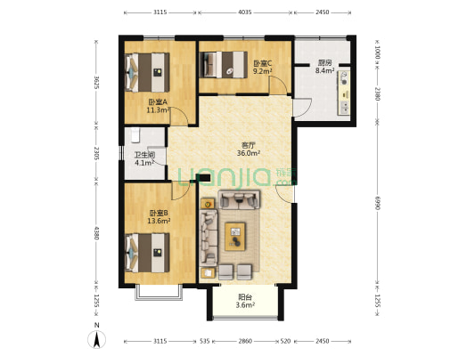 新澳花园 3室1厅1卫 115平方