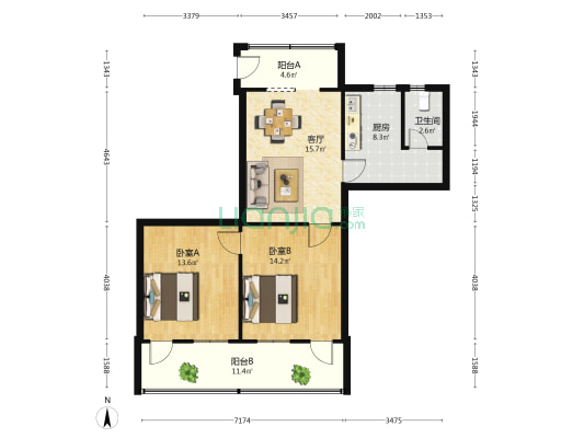 杭州路22号 2室1厅1卫 87平方