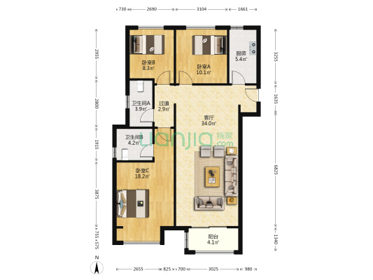 建业香雅园 3室1厅2卫 126平方