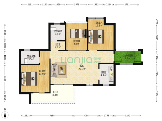 澳星大厦 3室1厅2卫 107平方