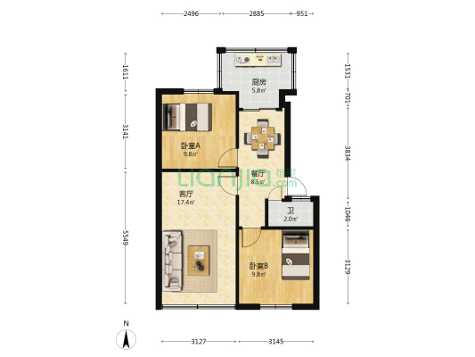 小菜园148号 2室2厅1卫 55平方