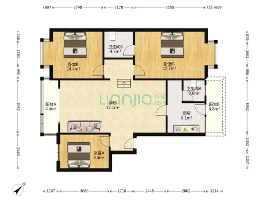 晨曦花园 3室1厅2卫 121平方