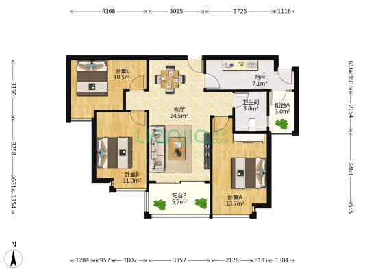 恒大文化旅游城三期 3室1厅1卫 80平方