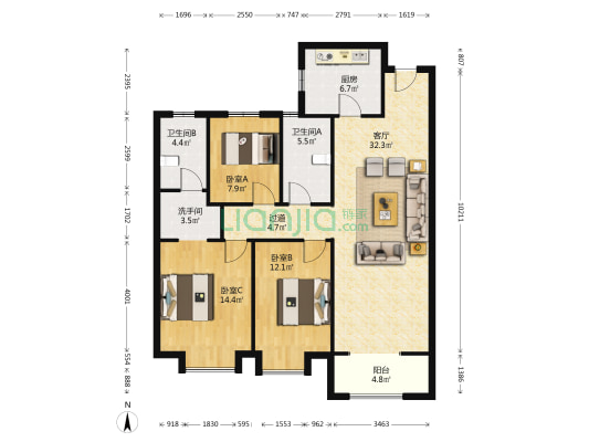 保利东郡 3室1厅3卫 128平方