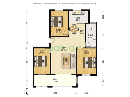 万丽花园 3室2厅1卫 115平方