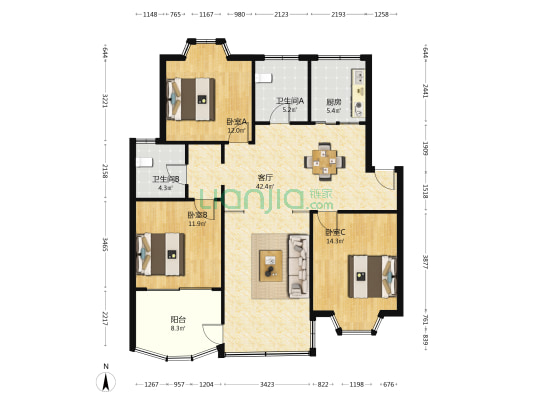 市北花园 3室1厅2卫 119平方