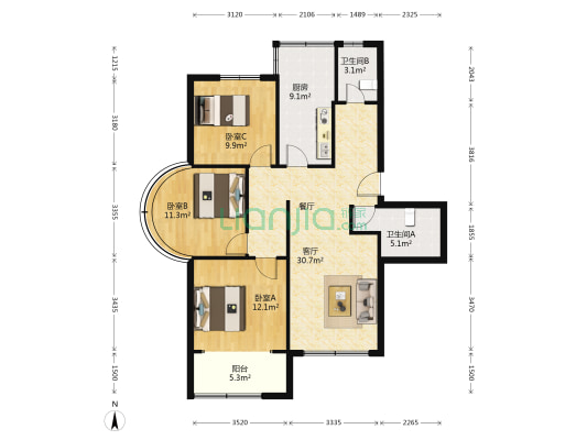 金桂家园 3室1厅2卫 108平方