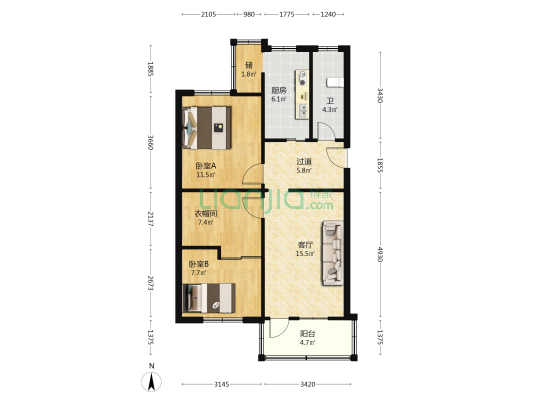 省农垦厅宿舍 2室1厅1卫 77平方