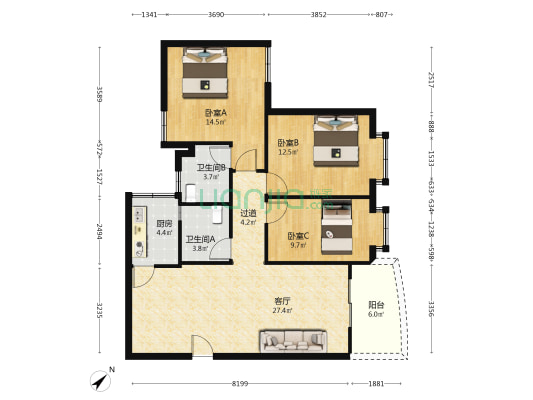 湖滨花园 3室1厅2卫 97平方