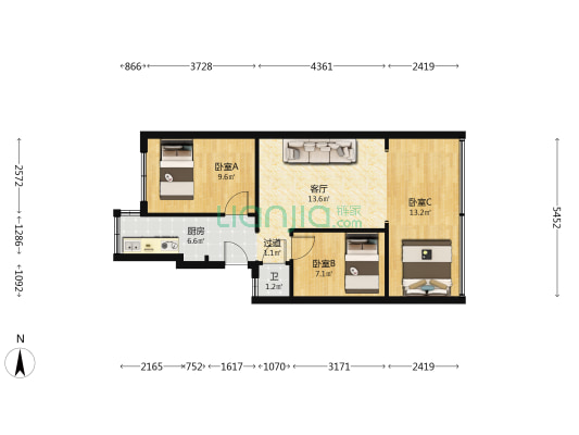 昆明牛街庄住宅小区四组团 3室1厅1卫 50平方