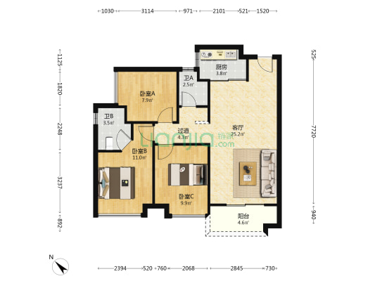 君逸府 3室1厅2卫 95平方