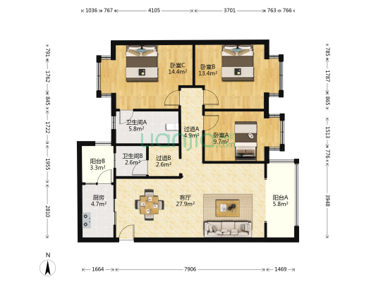 芙蓉家苑二期 3室1厅2卫 105平方