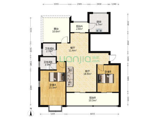 晶科·广信公馆 2室2厅2卫 89平方