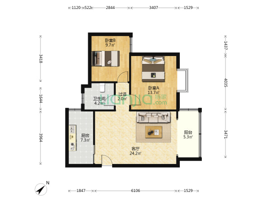 富翔花园 2室1厅1卫 85平方