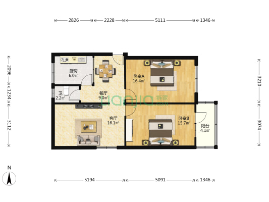 市政设施家属楼 2室2厅1卫 87平方