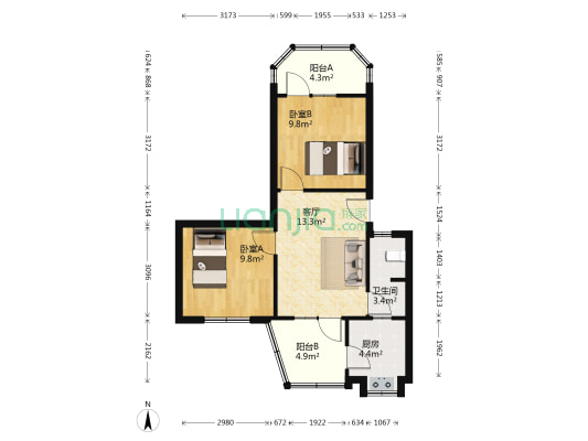 新鸿路119号 2室1厅1卫 59平方