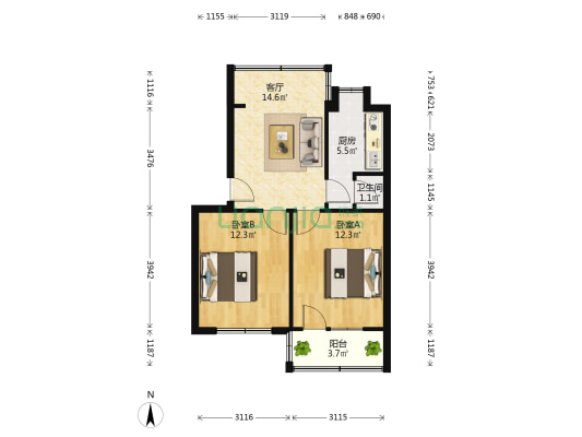 解放路邮政局家属院 2室1厅1卫 59平方