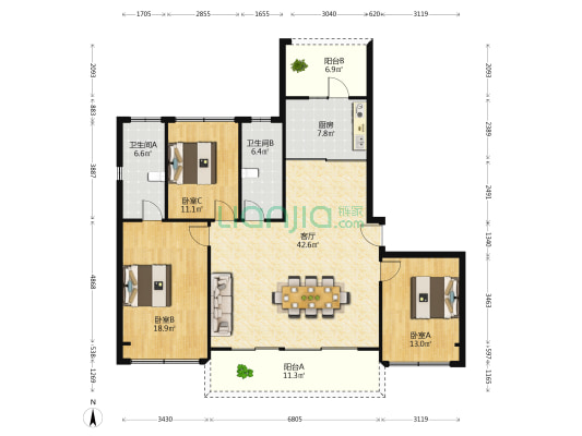 金辉紫雅云邸 3室1厅2卫 147平方