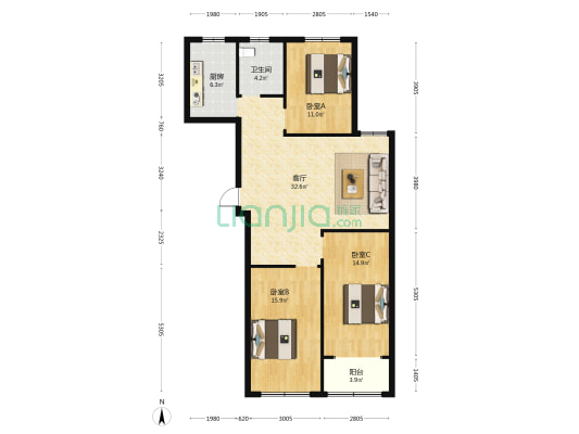 天宏尚文苑 3室1厅1卫 122平方