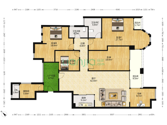 利海绿洲花园 5室1厅3卫 192平方