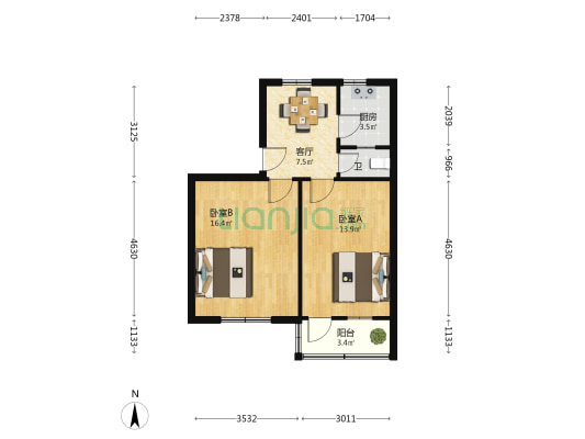 动力宿舍 2室1厅1卫 57平方