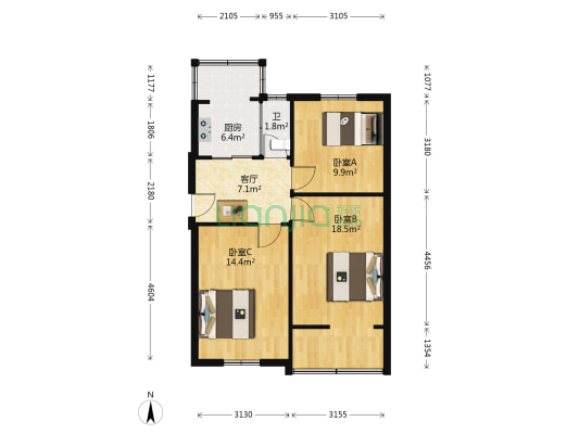 小店区坞西社区铁三局机关处宿舍 3室1厅1卫 67平方