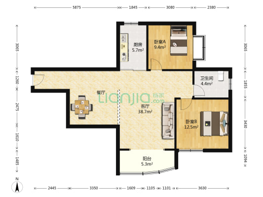 四方嘉丽 2室1厅1卫 90平方