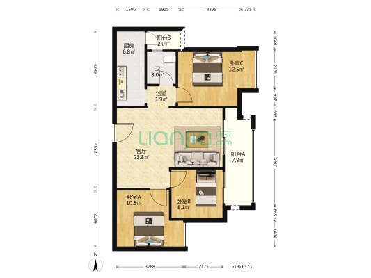 绿地万萃城B组团 3室1厅1卫 94平方
