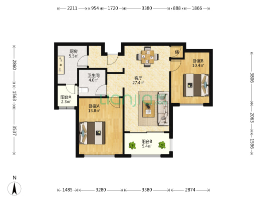 龙馨家园 2室1厅1卫 86平方