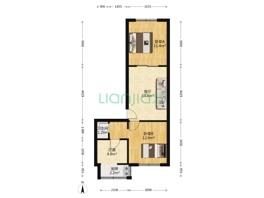 一环路北三段72号 2室1厅1卫 56平方