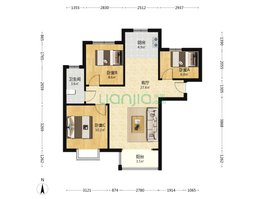 大社区托斯卡纳花园式南北通透小三居-户型图